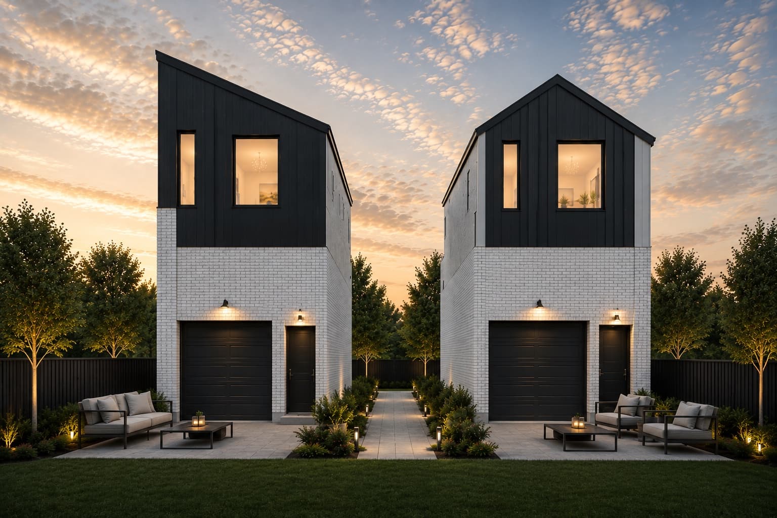 Render of Westcott Ormiston Central standalone homes with landscaped courtyards at sunset