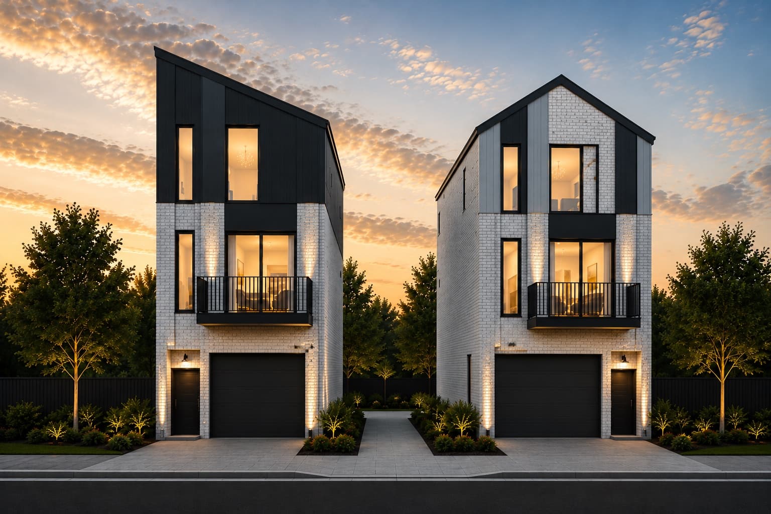 Render of Westcott Ormiston Central standalone homes with balconies at dusk
