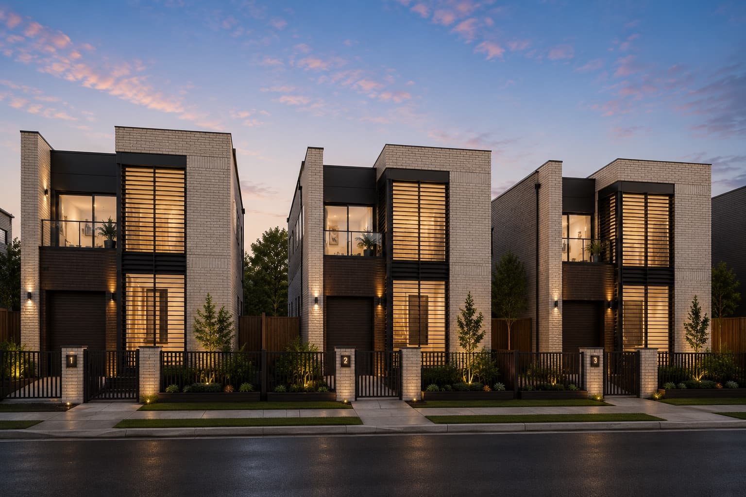 Render of Westcott townhouses in St Heliers at dusk