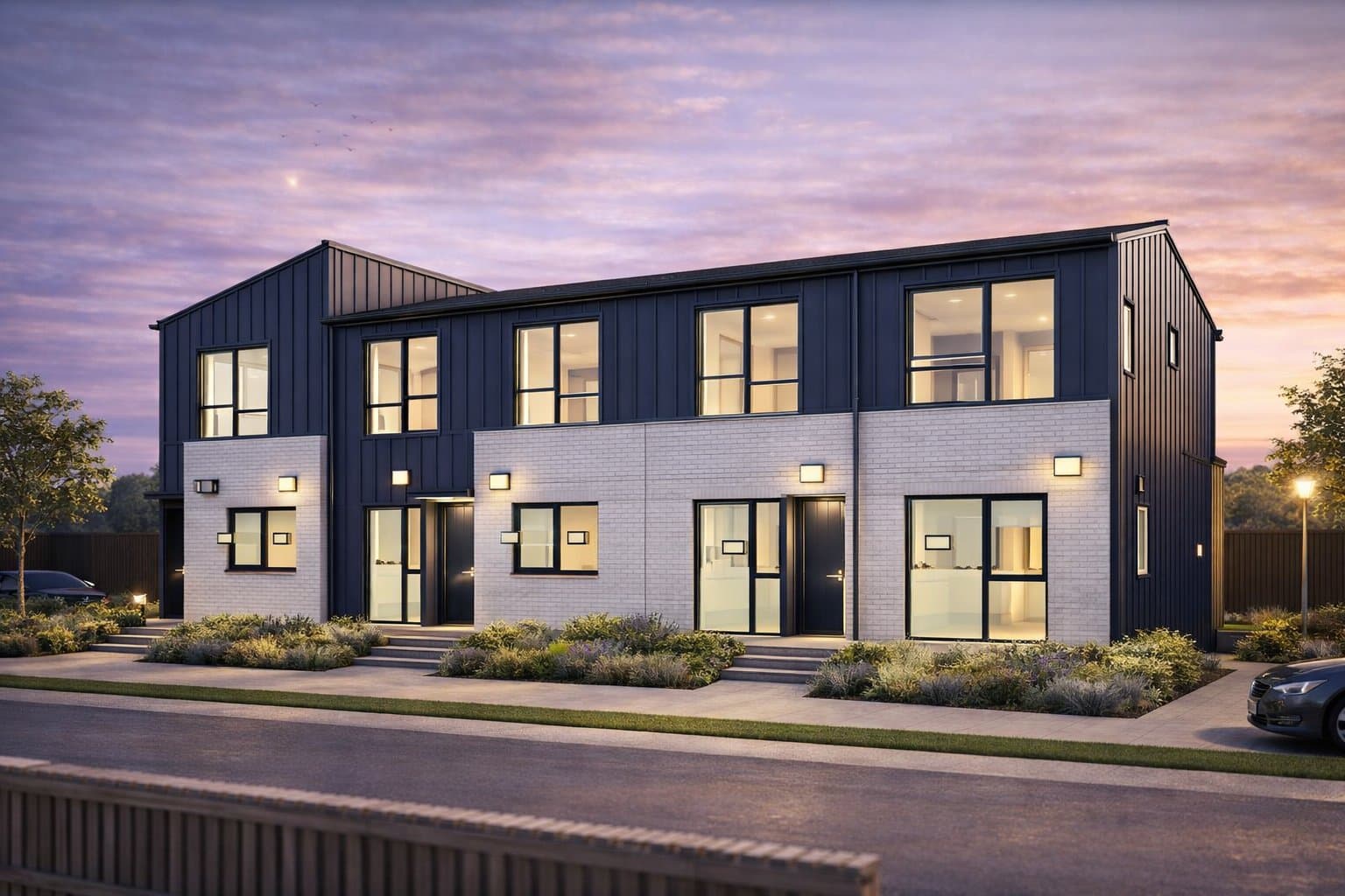 Render of Westcott townhouses at 395 Ormiston Road at dusk